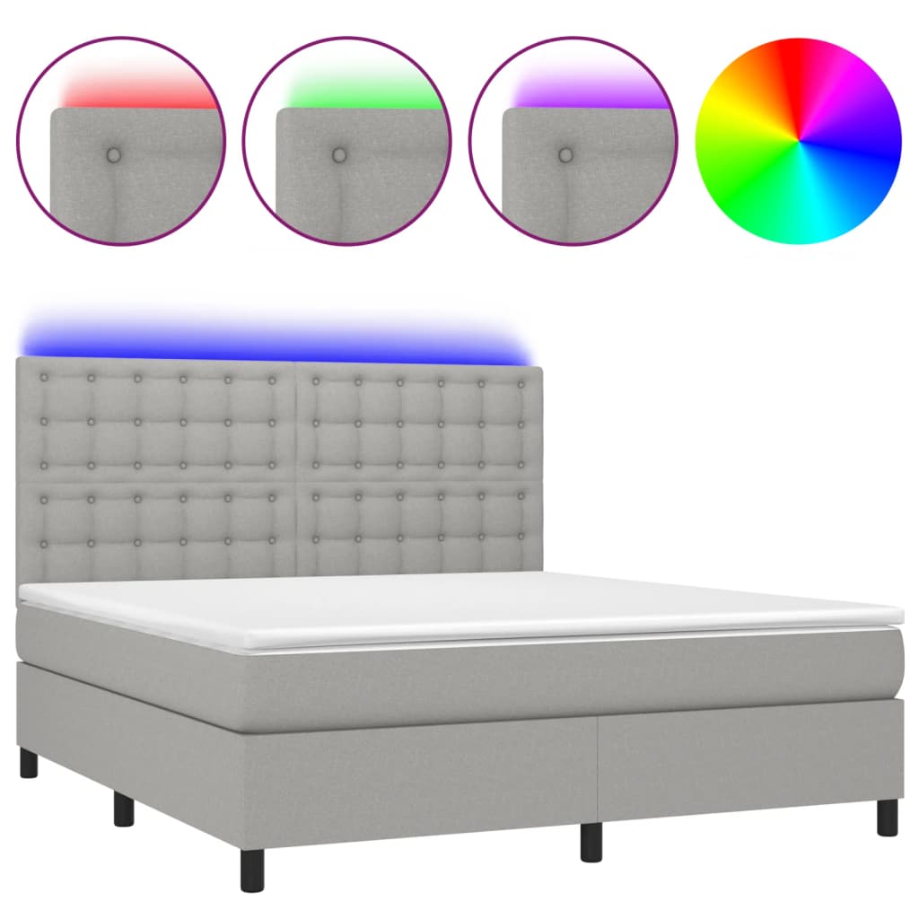 Cama box spring c/ colchão e LED 180x200 cm tecido cinza-claro