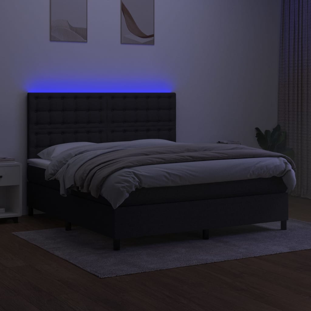 Cama box spring c/ colchão e LED 180x200 cm tecido preto