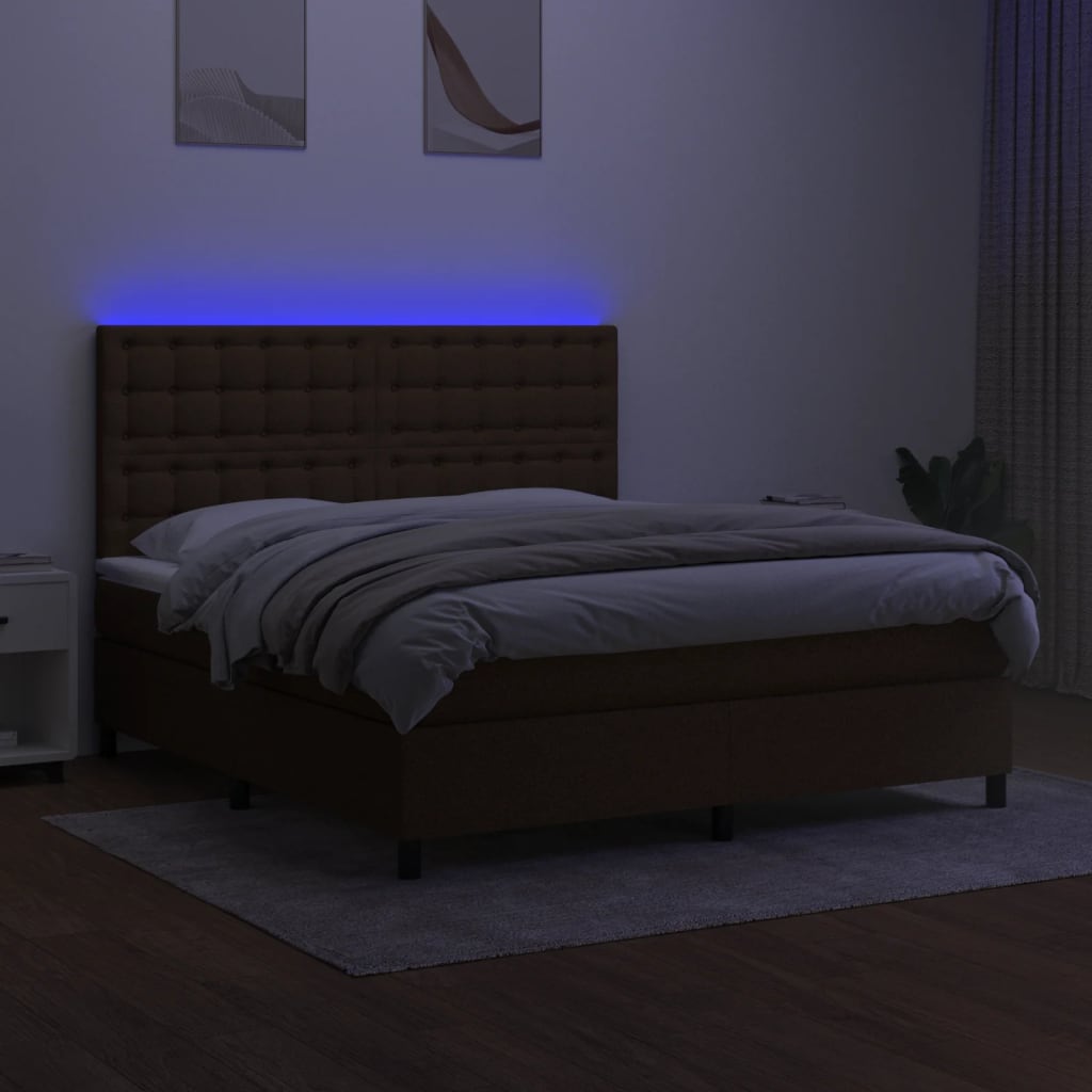 Cama box spring c/ colchão/LED 180x200cm tecido castanho-escuro