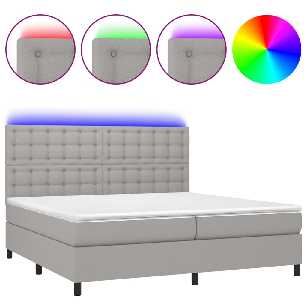 Cama box spring c/ colchão e LED 200x200 cm tecido cinza-claro