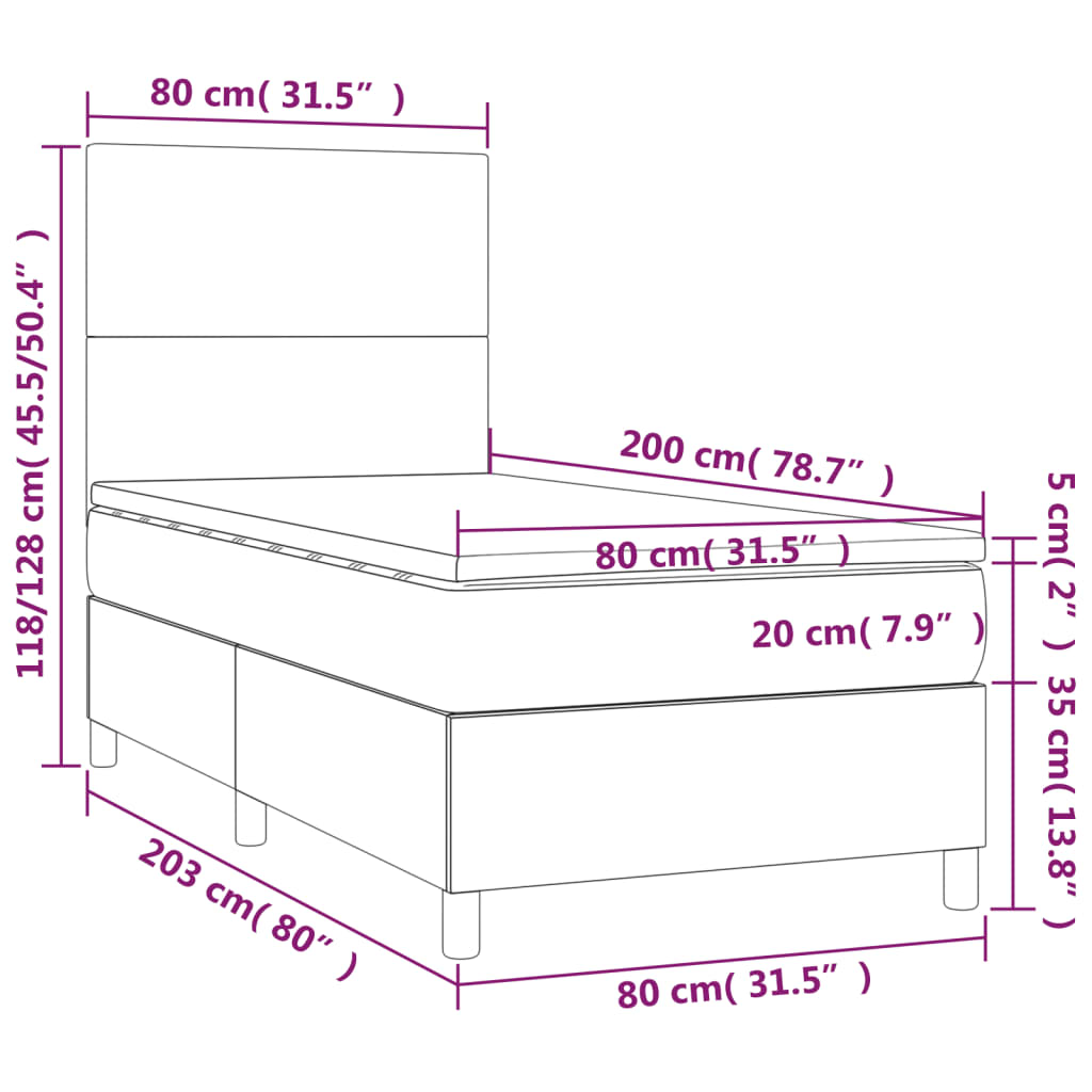 Cama box spring + colchão/LED 80x200cm tecido cinza-acastanhado