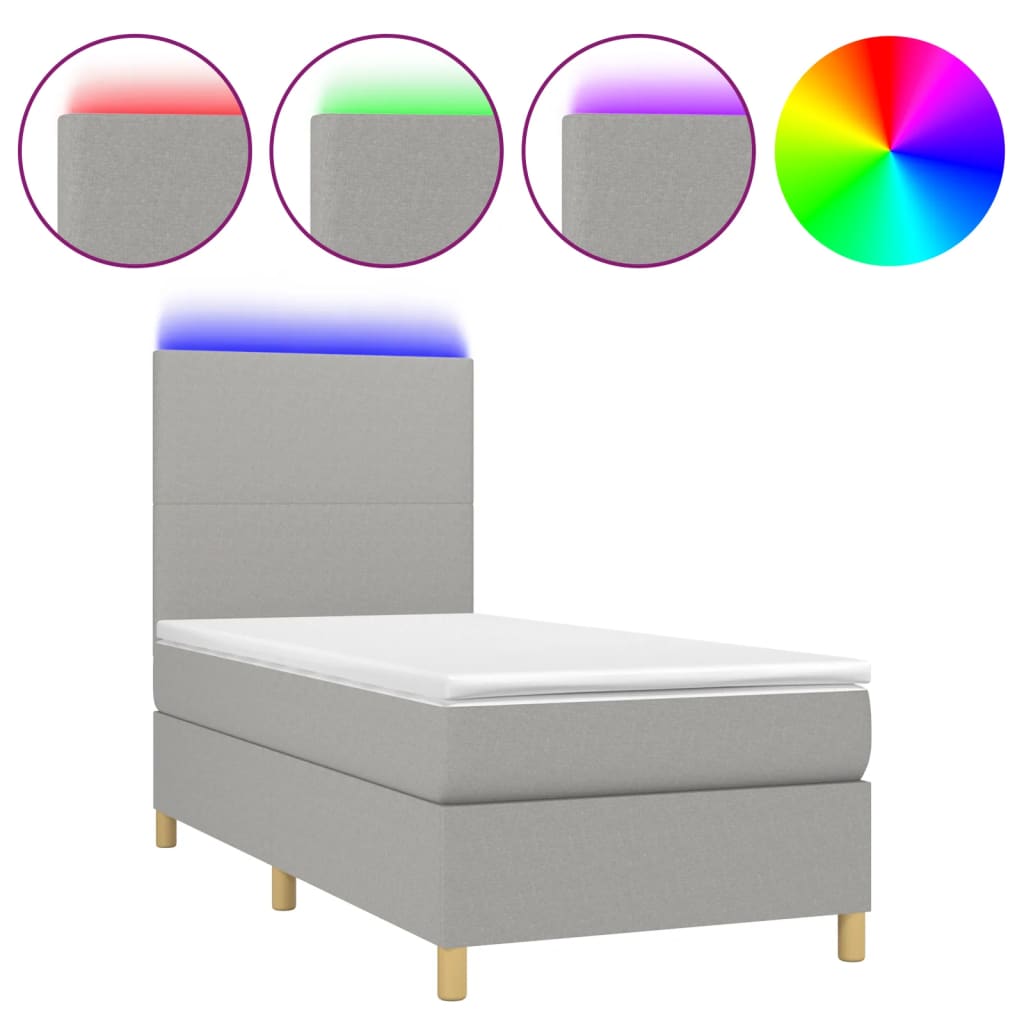 Cama box spring c/ colchão e LED 90x200 cm tecido cinza-claro