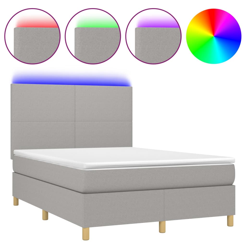 Cama box spring c/ colchão e LED 140x190 cm tecido cinza-claro