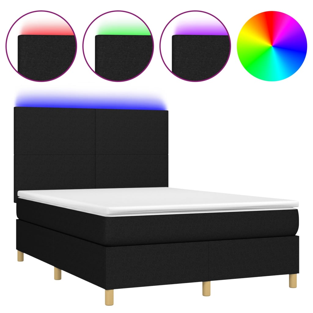 Cama box spring c/ colchão e LED 140x190 cm tecido preto