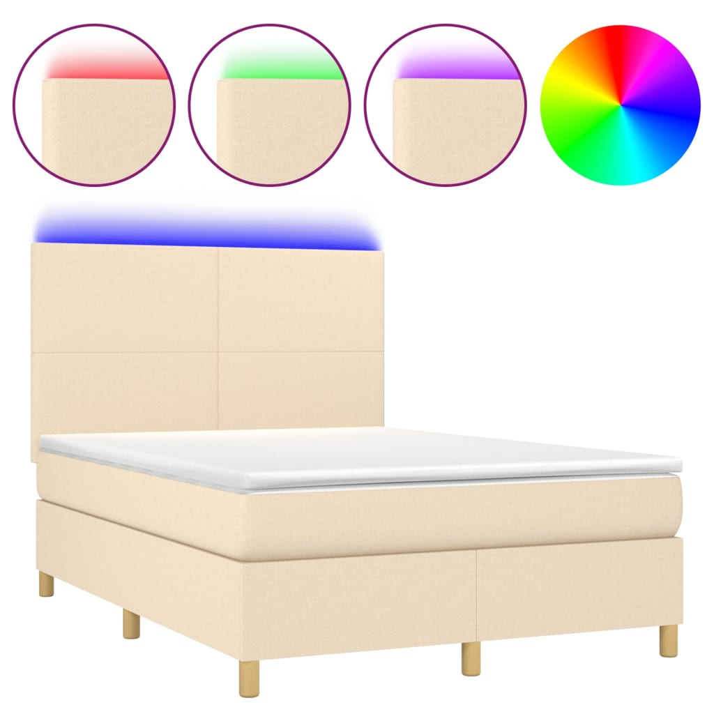 Cama box spring c/ colchão e LED 140x200 cm tecido cor creme