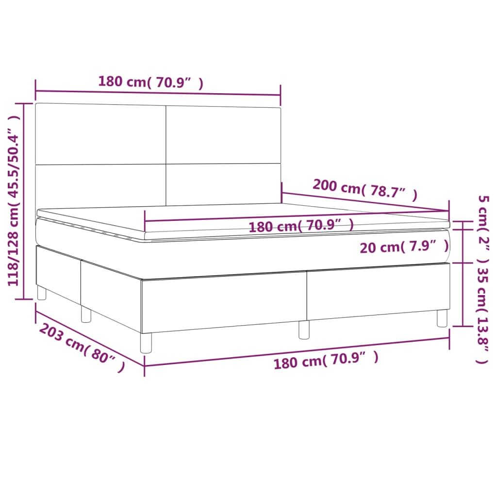 Cama box spring colchão/LED 180x200cm tecido cinza-acastanhado