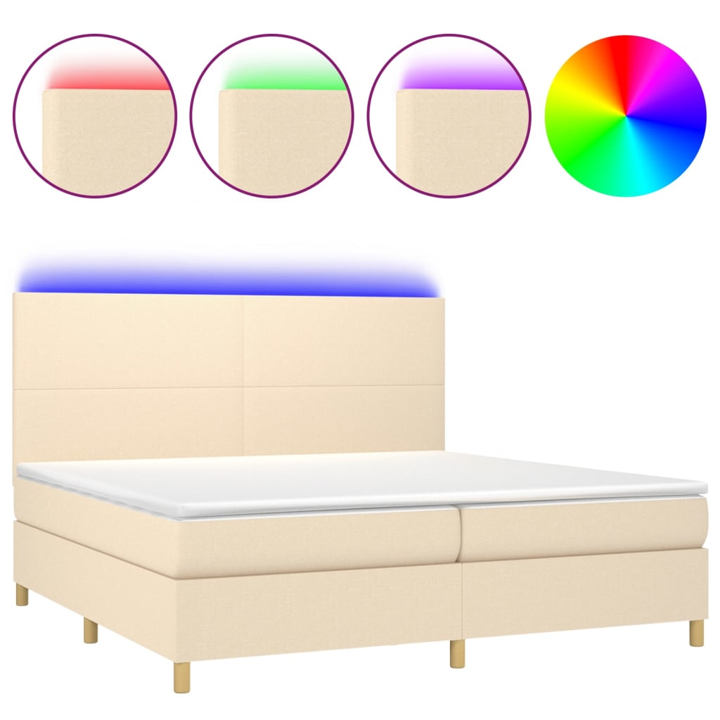 Cama box spring c/ colchão e LED 200x200 cm tecido cor creme