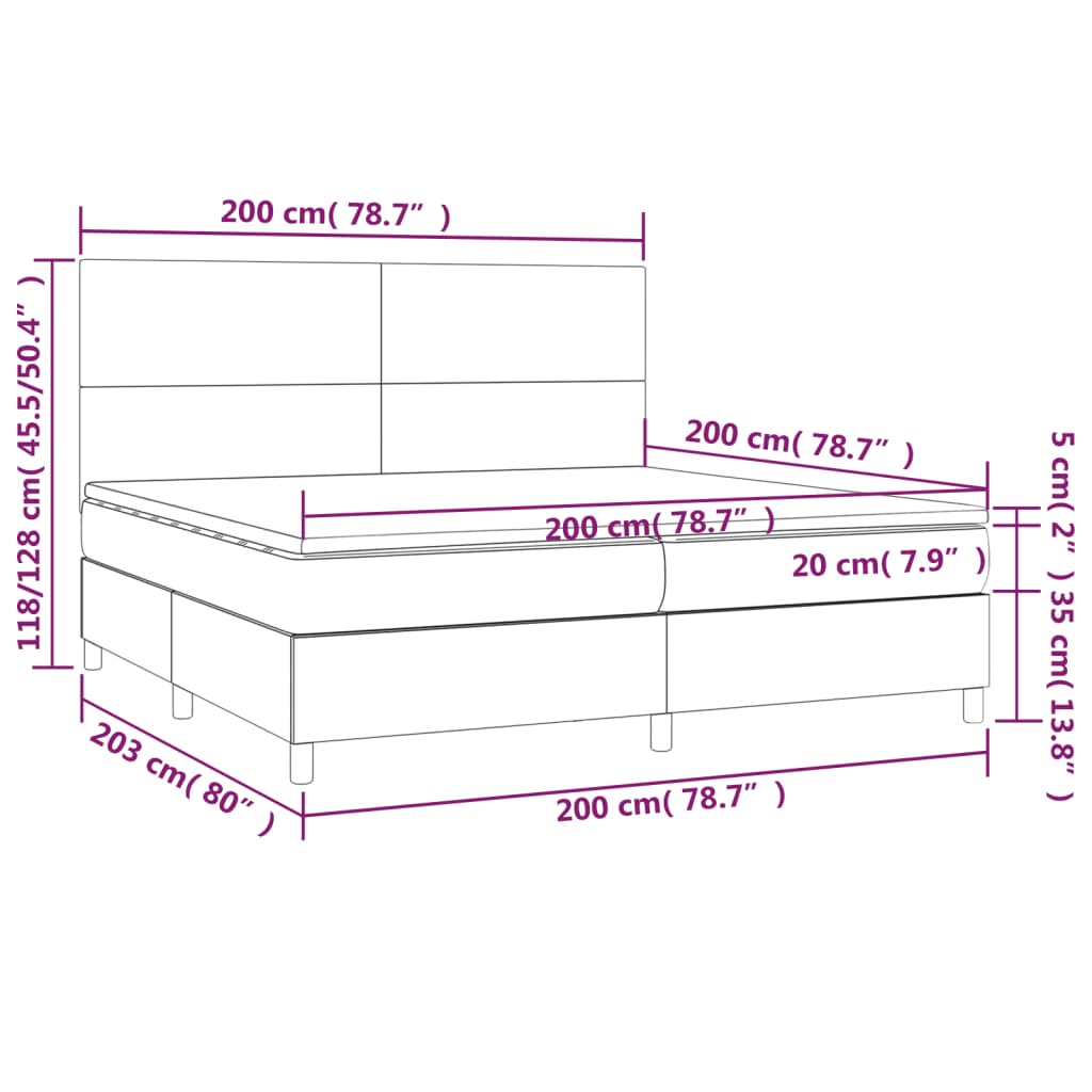 Cama box spring c/ colchão e LED 200x200 cm tecido cor creme