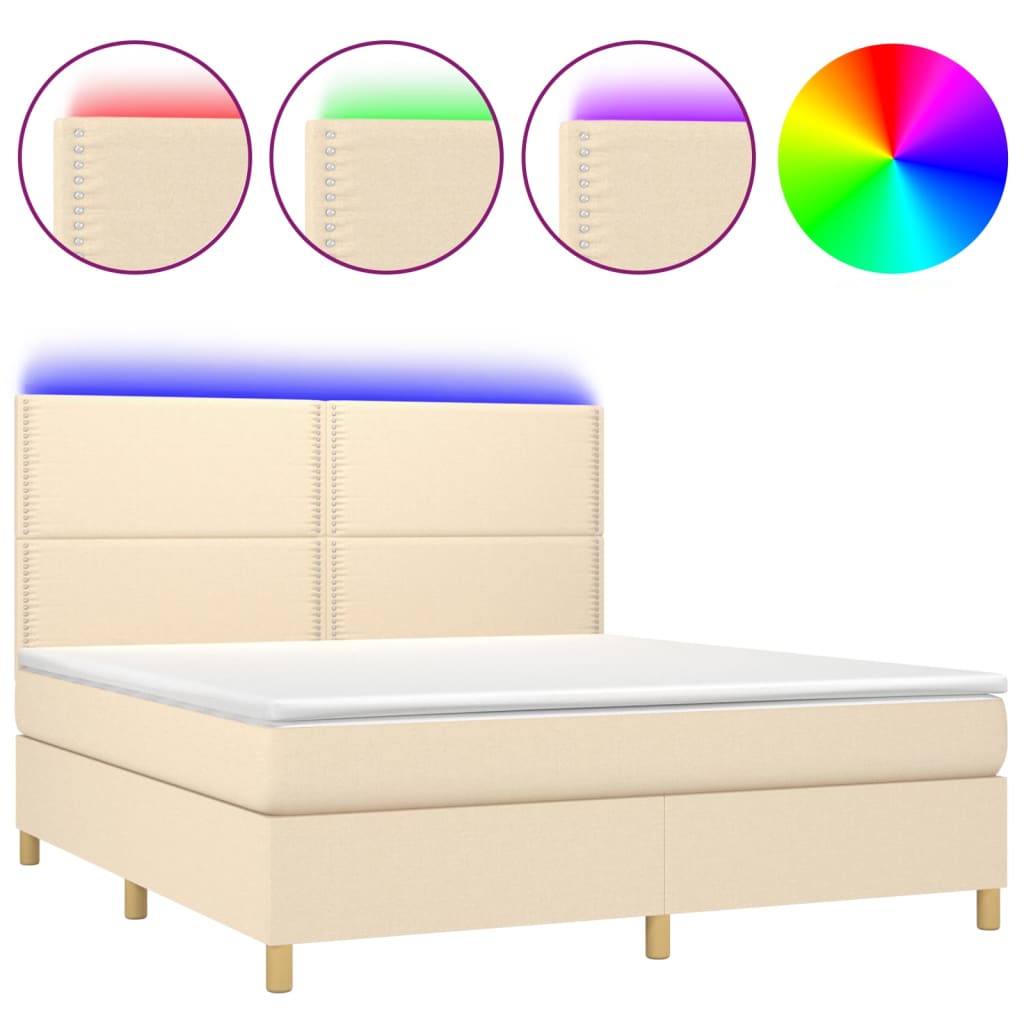 Cama box spring c/ colchão e LED 180x200 cm tecido cor creme