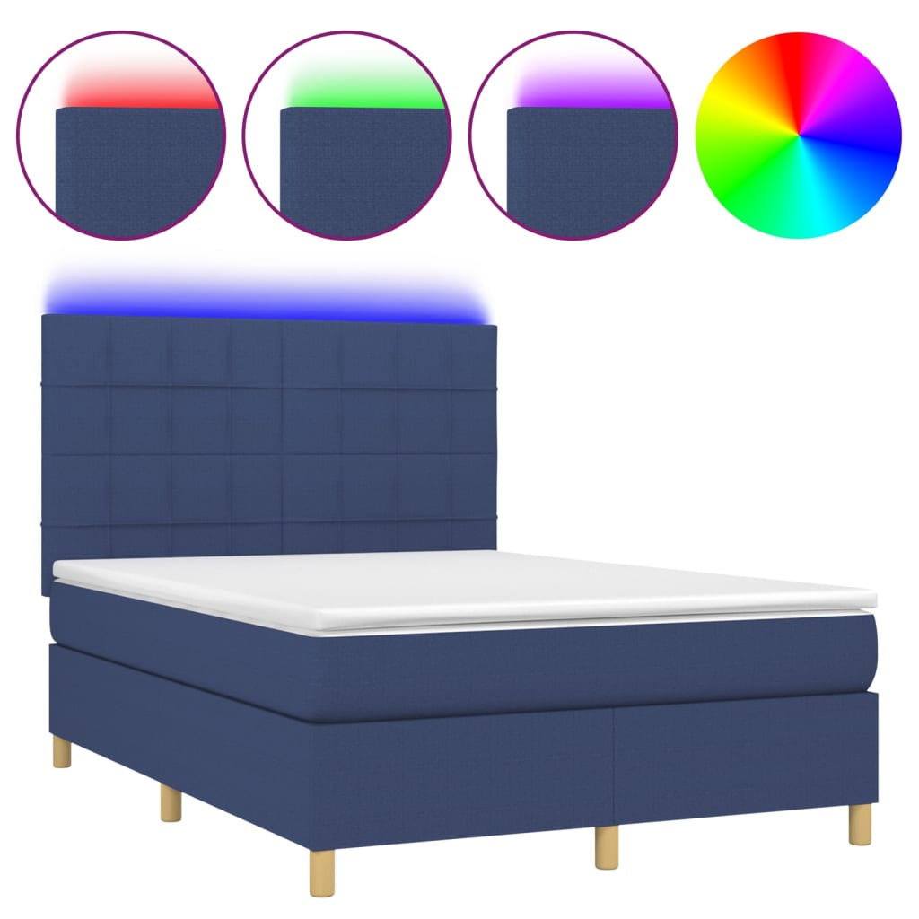 Cama box spring c/ colchão e LED 140x190 cm tecido azul