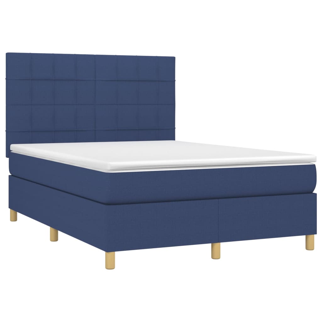 Cama box spring c/ colchão e LED 140x190 cm tecido azul