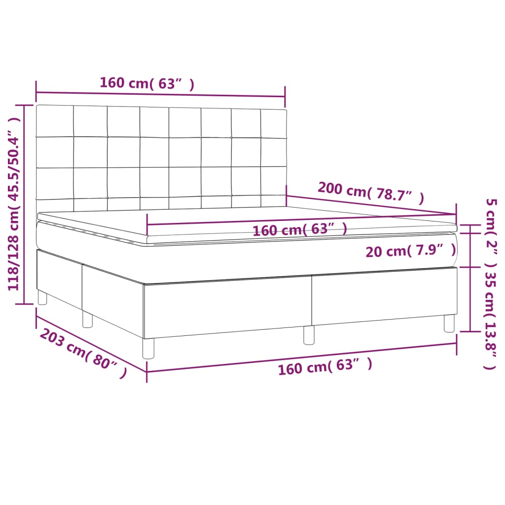 Cama box spring c/ colchão e LED 160x200 cm tecido azul