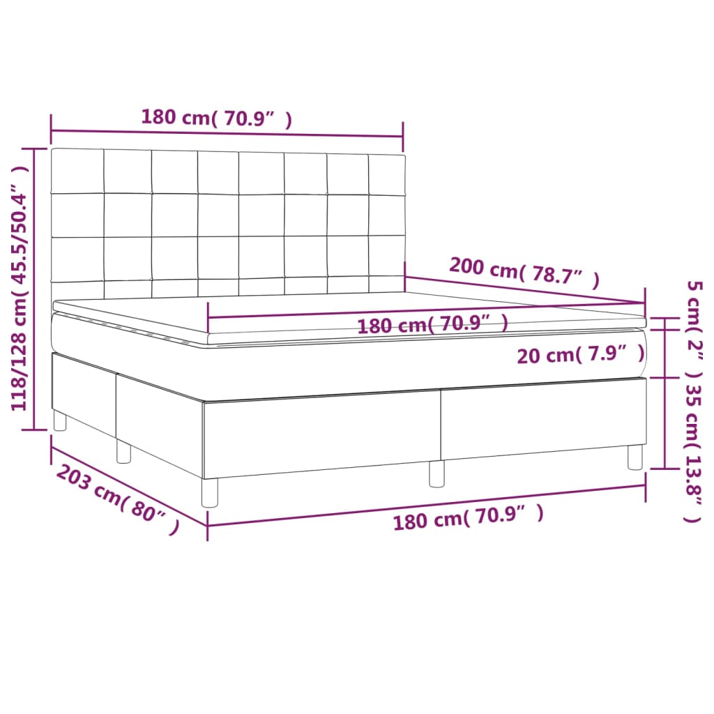 Cama box spring c/ colchão/LED 180x200cm tecido castanho-escuro