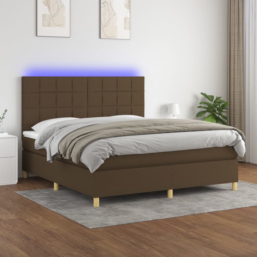 Cama box spring c/ colchão/LED 180x200cm tecido castanho-escuro