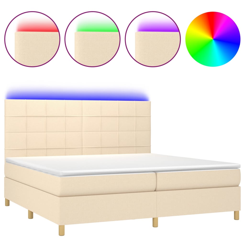 Cama box spring c/ colchão e LED 200x200 cm tecido cor creme