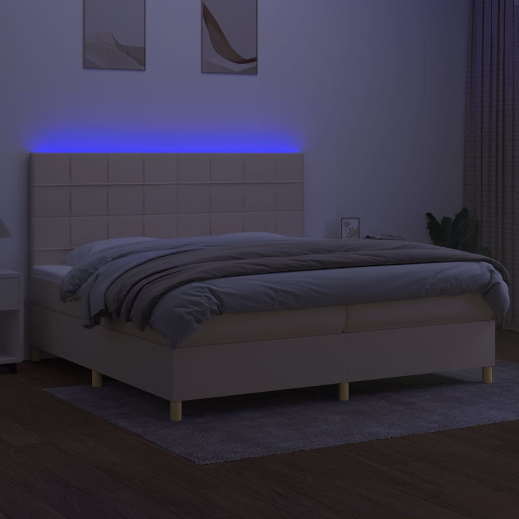 Cama box spring c/ colchão e LED 200x200 cm tecido cor creme