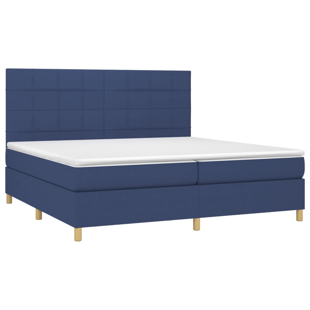 Cama box spring c/ colchão e LED 200x200 cm tecido azul