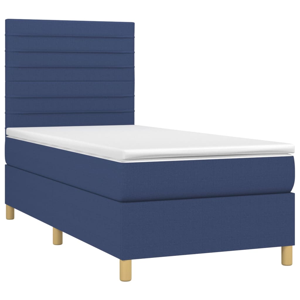 Cama box spring c/ colchão e LED 90x200 cm tecido azul