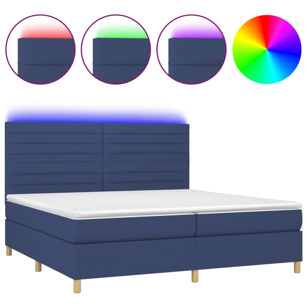 Cama box spring c/ colchão e LED 200x200 cm tecido azul