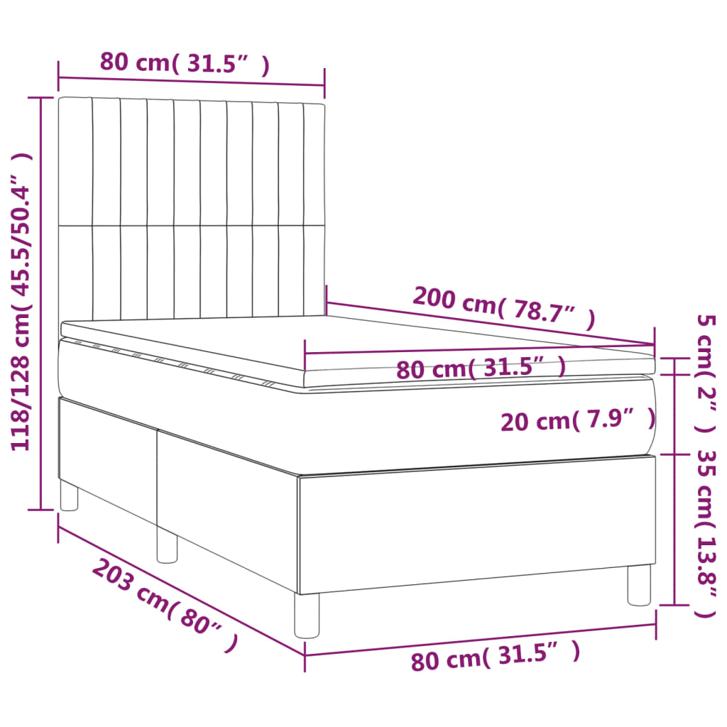 Cama box spring + colchão/LED 80x200cm tecido cinza-acastanhado