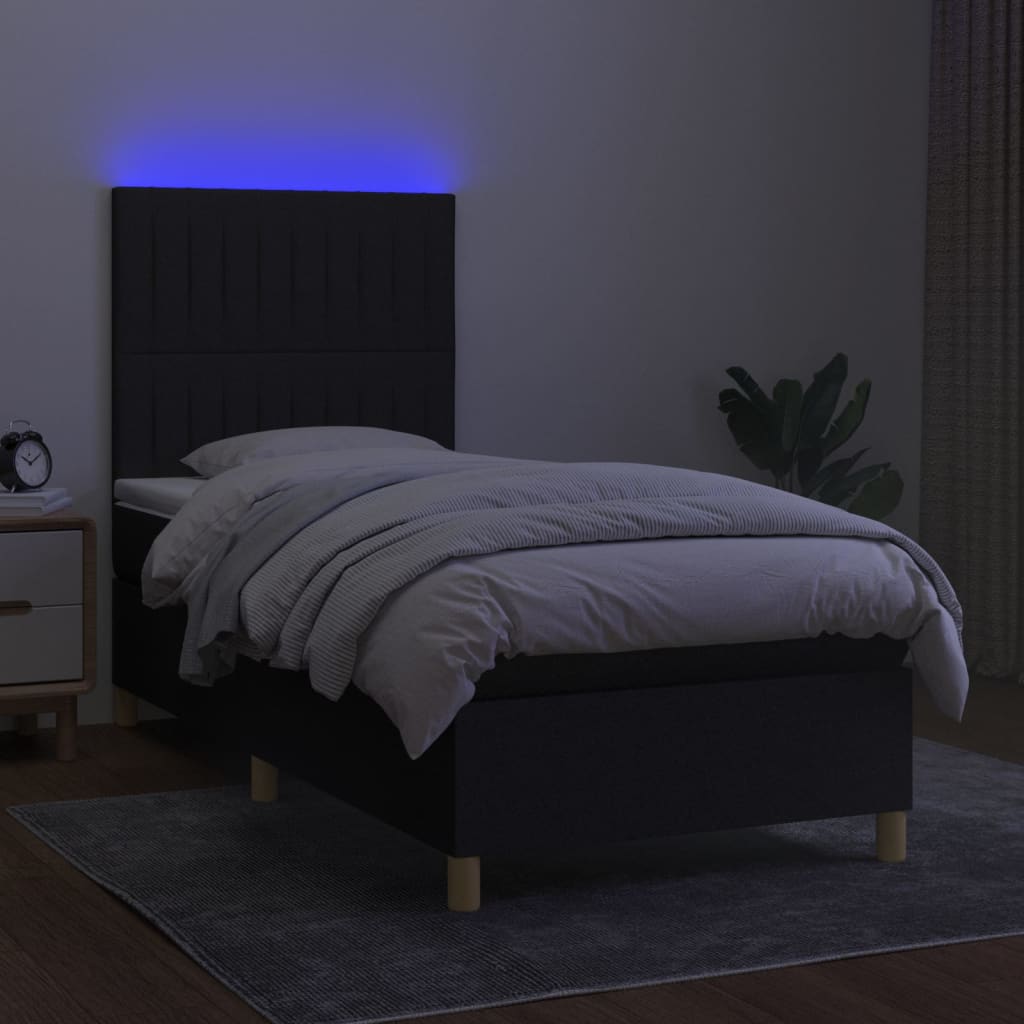 Cama box spring c/ colchão e LED 90x200 cm tecido preto