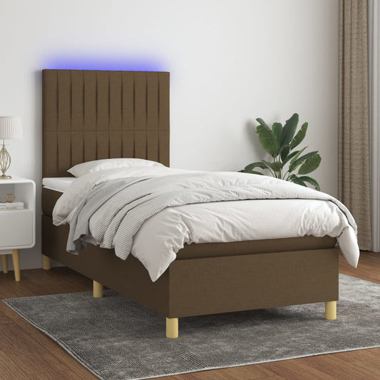 Cama box spring c/ colchão/LED 90x200 cm tecido castanho-escuro