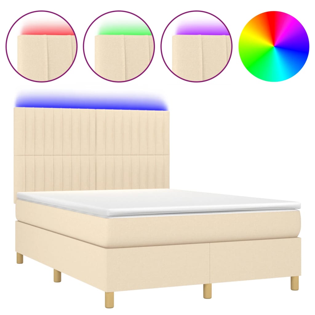 Cama box spring c/ colchão e LED 140x190 cm tecido cor creme