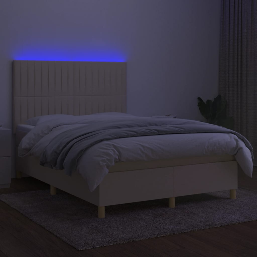 Cama box spring c/ colchão e LED 140x190 cm tecido cor creme