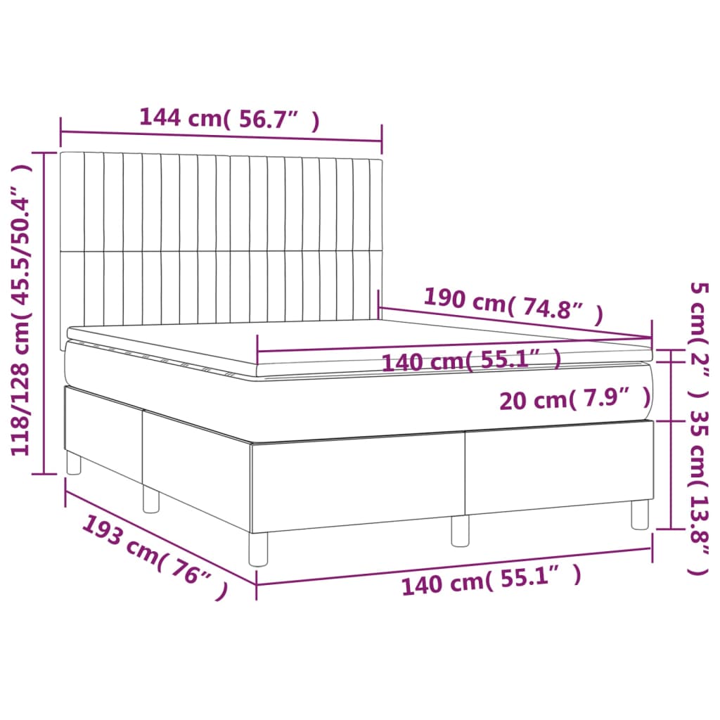 Cama box spring c/ colchão e LED 140x190 cm tecido cor creme