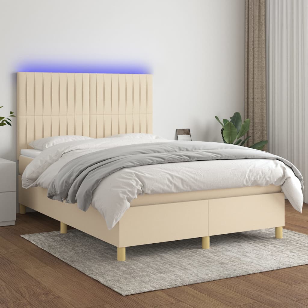 Cama box spring c/ colchão e LED 140x190 cm tecido cor creme