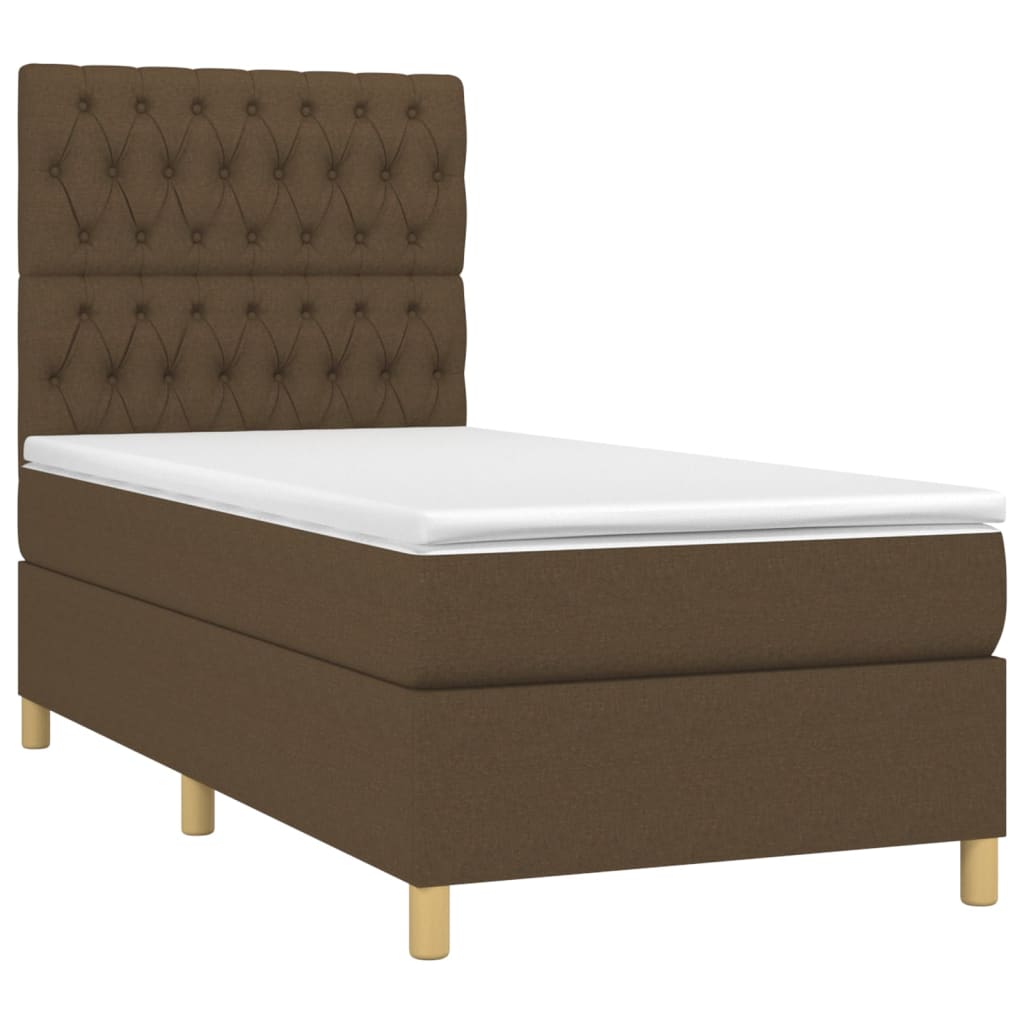 Cama box spring c/ colchão/LED 90x200 cm tecido castanho-escuro