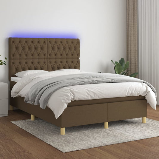 Cama box spring c/ colchão/LED 140x190cm tecido castanho-escuro