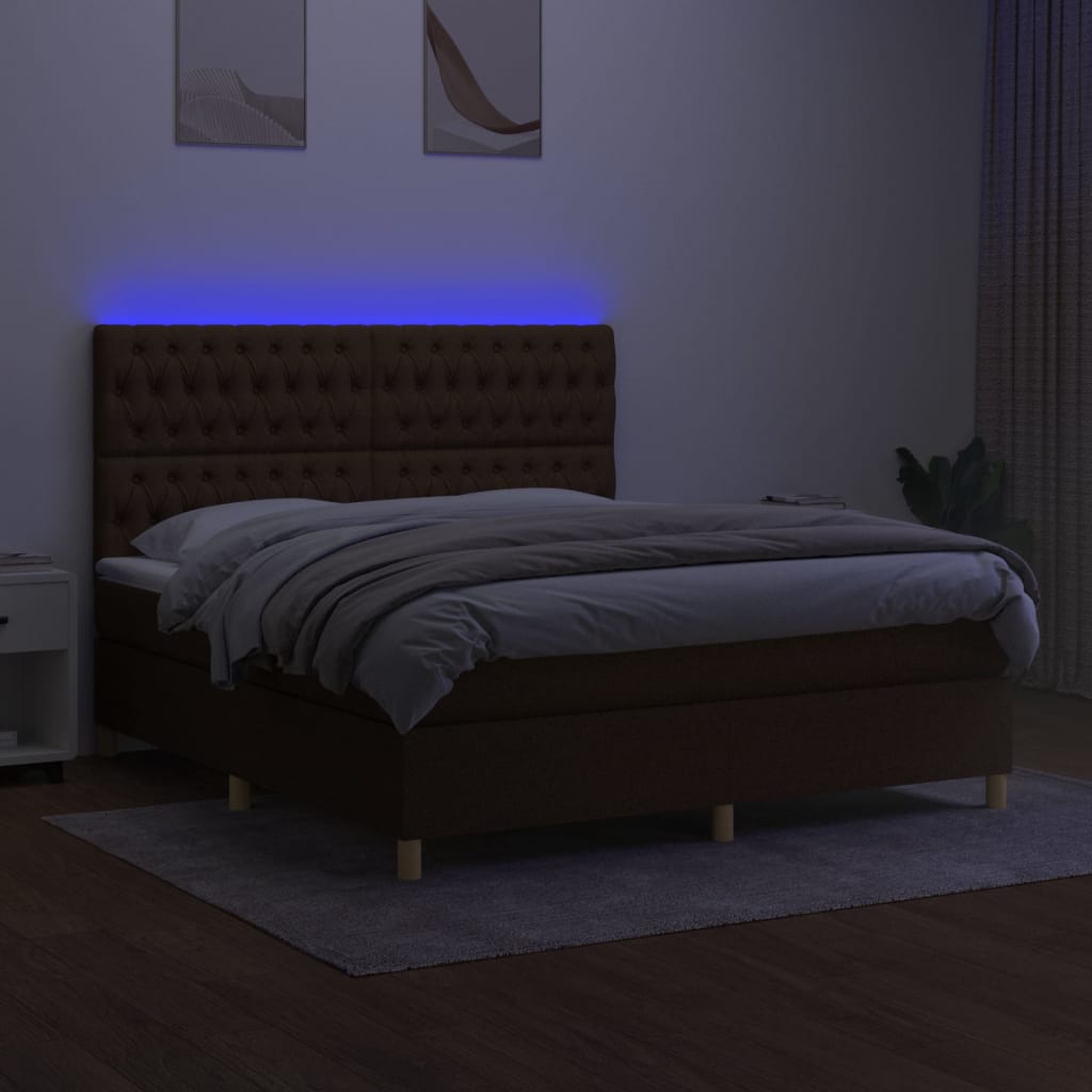 Cama box spring c/ colchão/LED 160x200cm tecido castanho-escuro