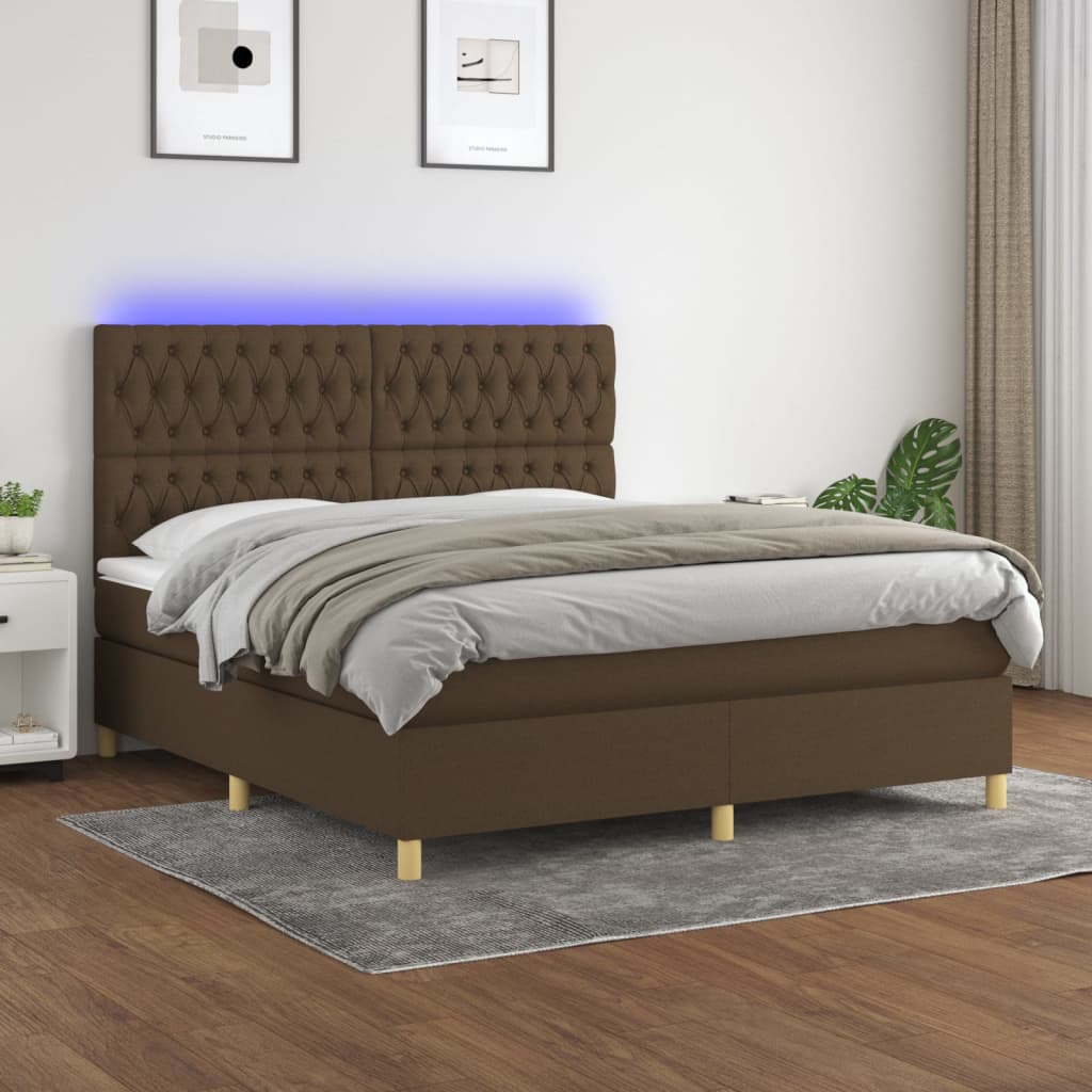 Cama box spring c/ colchão/LED 160x200cm tecido castanho-escuro