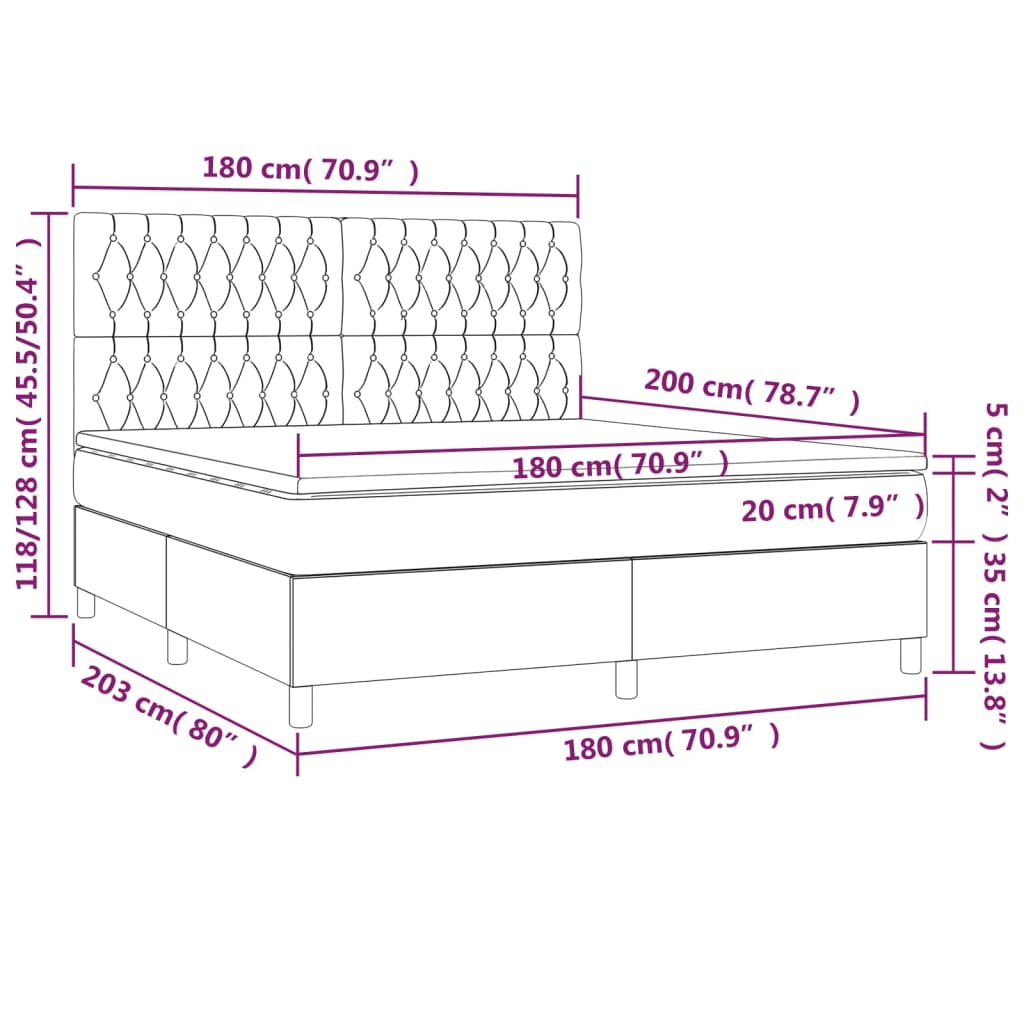 Cama box spring c/ colchão/LED 180x200cm tecido castanho-escuro