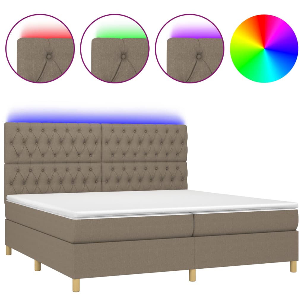 Cama box spring colchão/LED 200x200cm tecido cinza-acastanhado