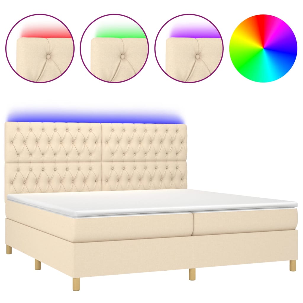 Cama box spring c/ colchão e LED 200x200 cm tecido cor creme