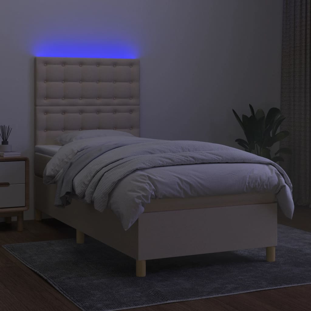 Cama box spring c/ colchão e LED 80x200 cm tecido cor creme