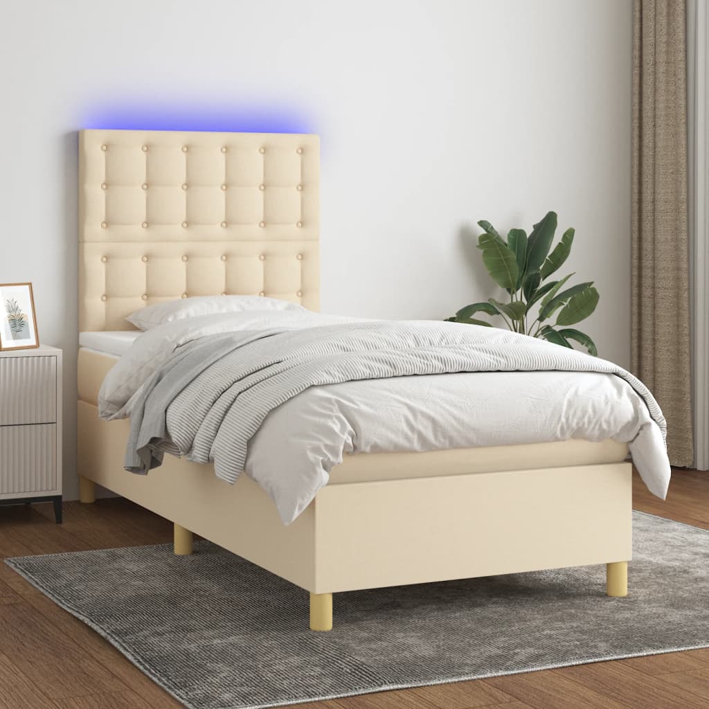 Cama box spring c/ colchão e LED 80x200 cm tecido cor creme