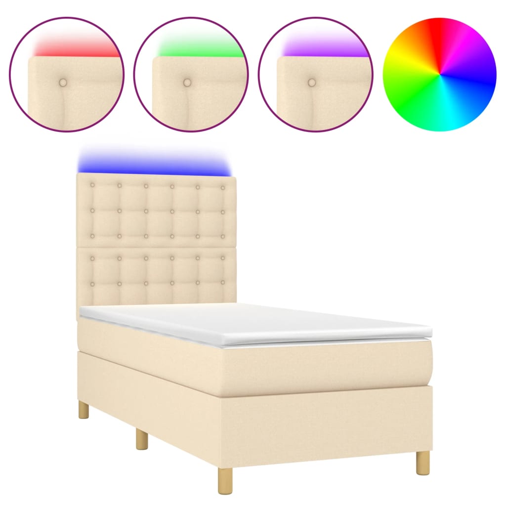 Cama box spring c/ colchão e LED 90x200 cm tecido cor creme