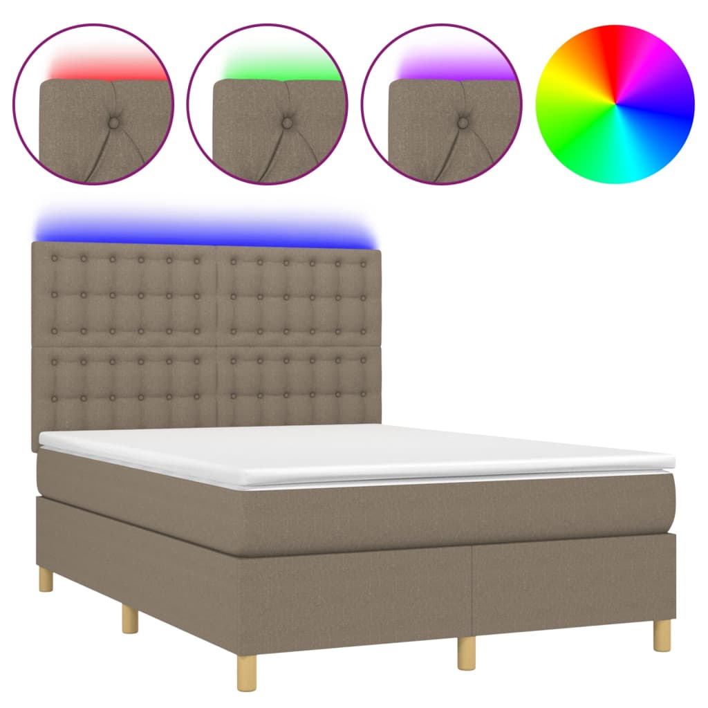 Cama box spring colchão/LED 140x190cm tecido cinza-acastanhado