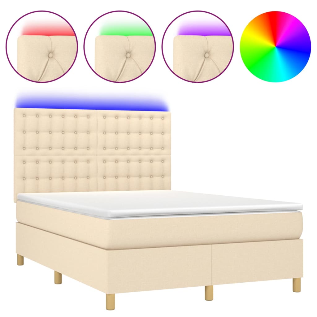 Cama box spring c/ colchão e LED 140x190 cm tecido cor creme