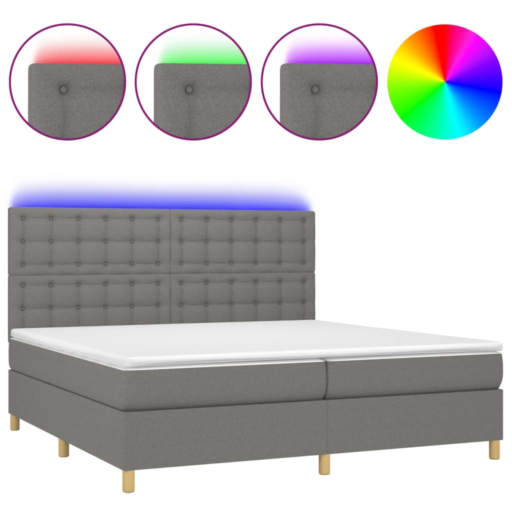 Cama box spring c/ colchão e LED 200x200 cm tecido cinza-escuro