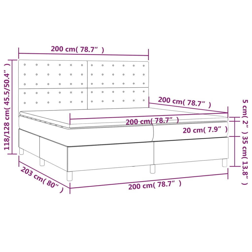 Cama box spring c/ colchão e LED 200x200 cm tecido cinza-escuro