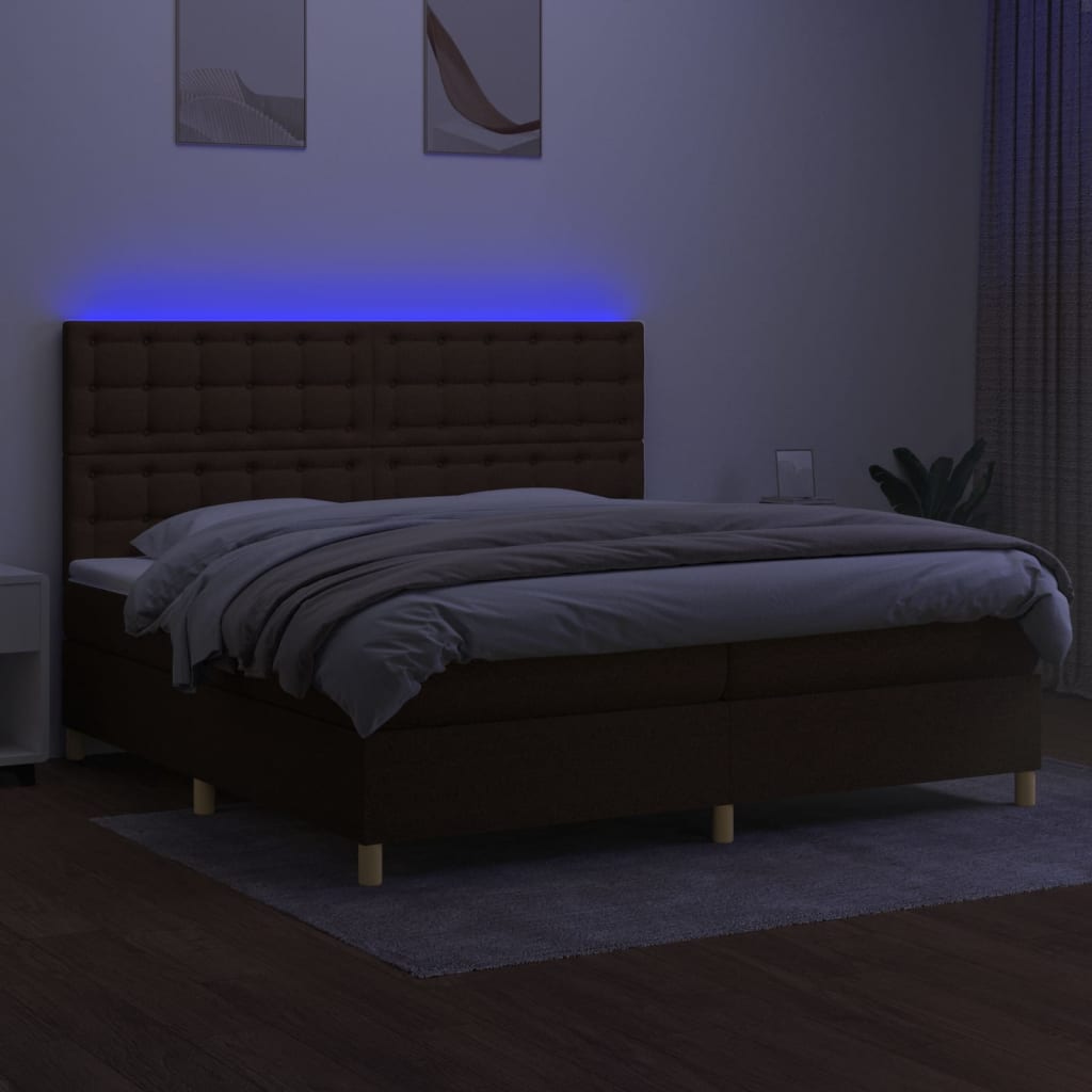 Cama box spring c/ colchão/LED 200x200cm tecido castanho-escuro