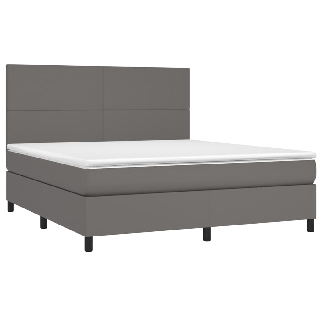 Cama box spring c/ colchão/LED 180x200cm couro artificial cinza