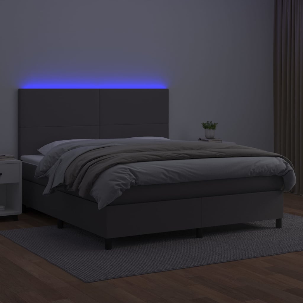 Cama box spring c/ colchão/LED 180x200cm couro artificial cinza