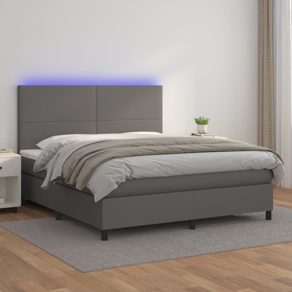 Cama box spring c/ colchão/LED 180x200cm couro artificial cinza