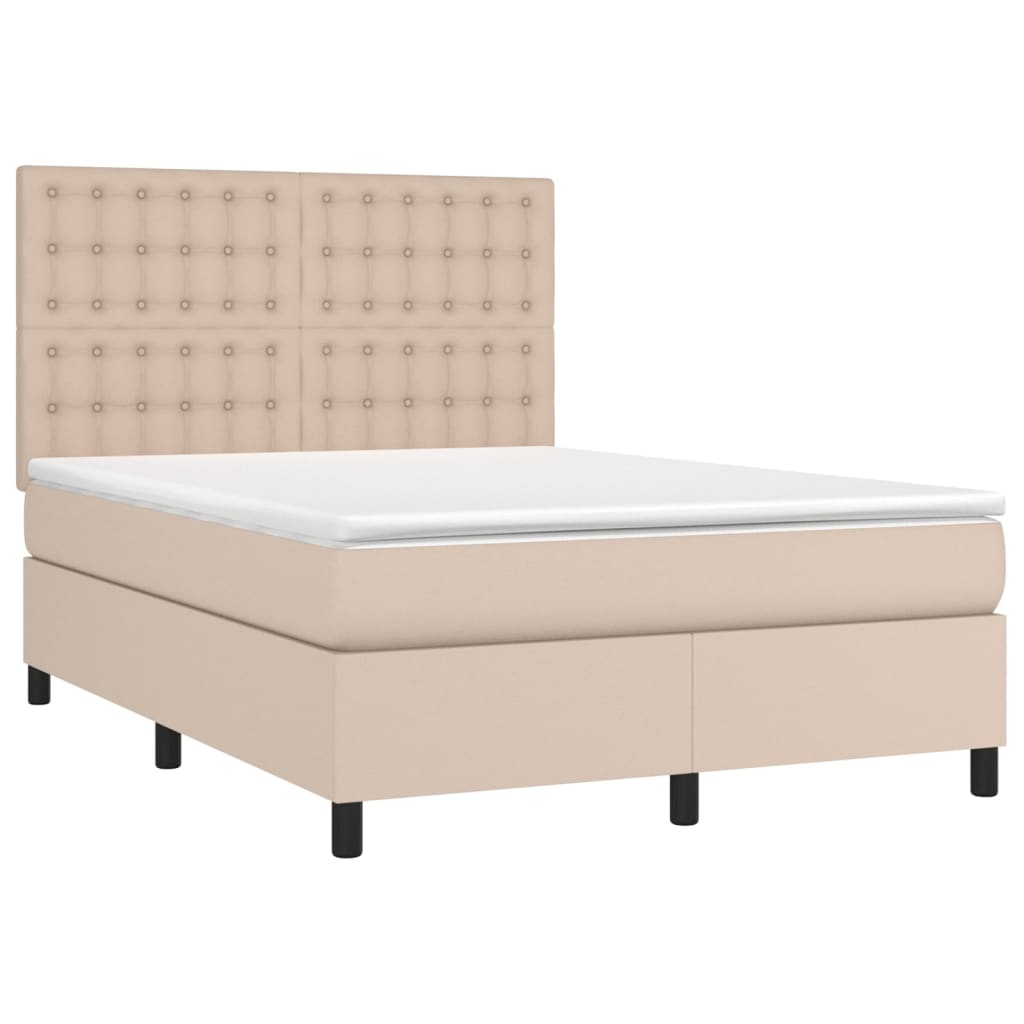 Cama box spring c/colchão/LED 140x190cm couro artif. cappuccino