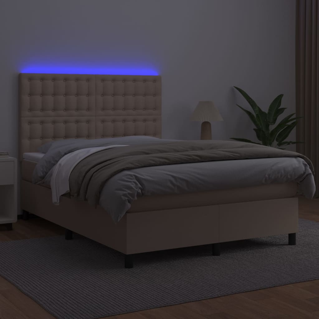 Cama box spring c/colchão/LED 140x190cm couro artif. cappuccino